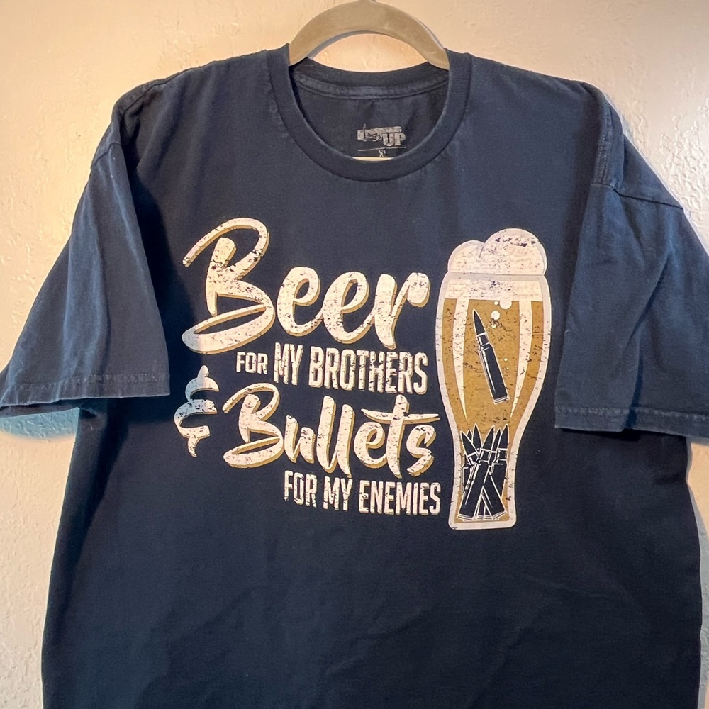 Black Short Sleeve Tee with Bold Graphic Design XL Beer & Bullets Print - Picture 2 of 6